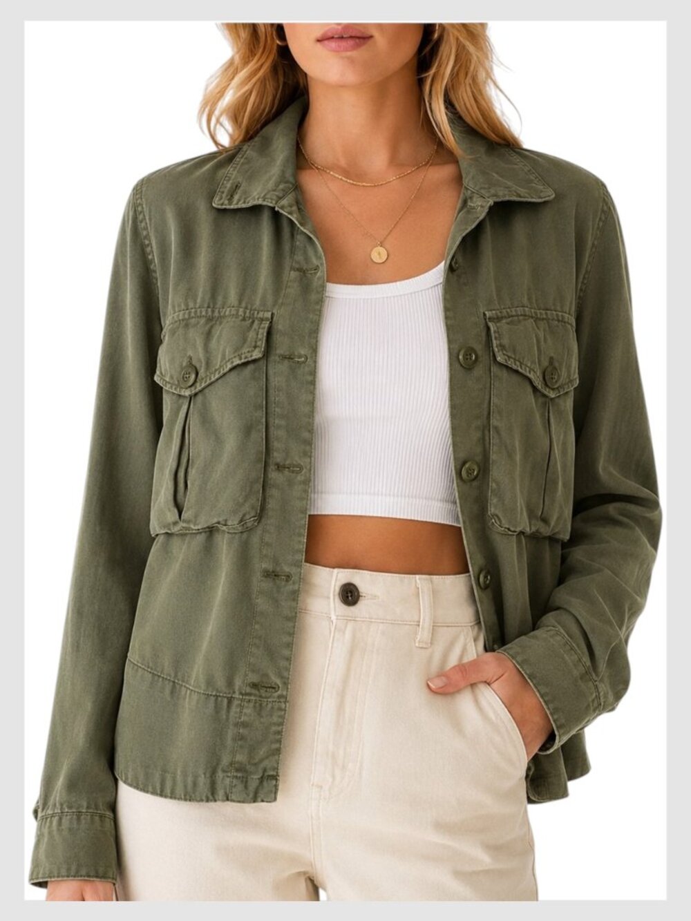 Pistola Tencel Utility Shirt Olive Button Front Pocket XS